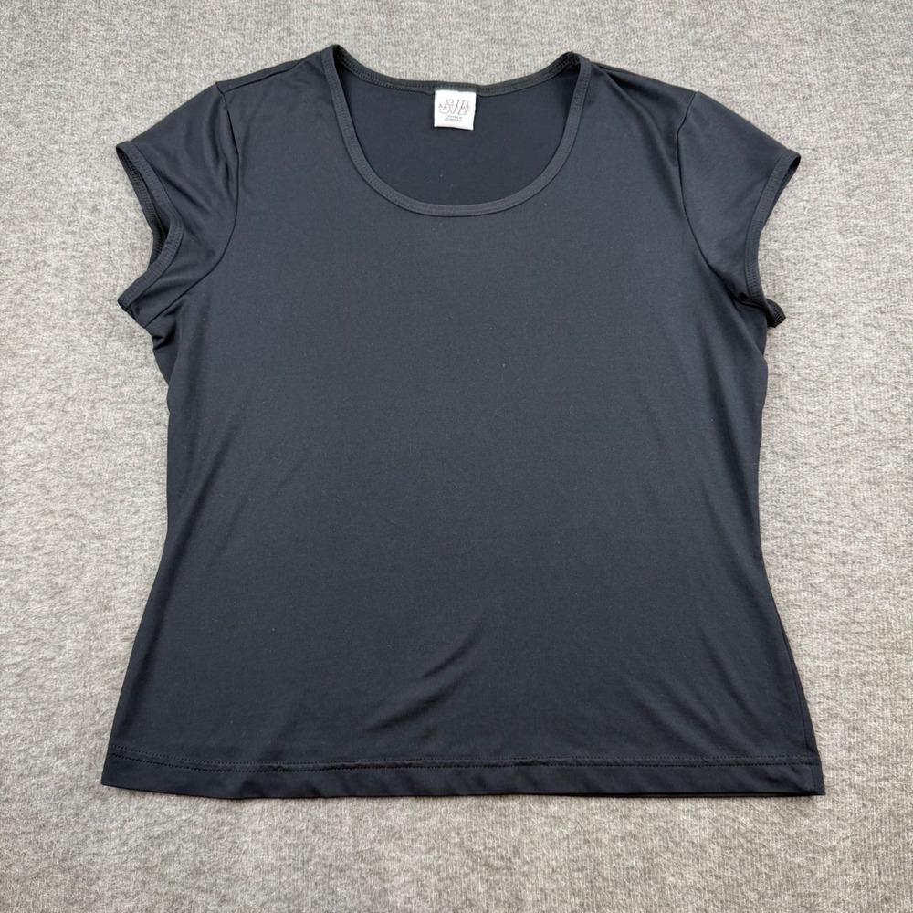St. John's Bay Active T-Shirt Women Medium Black Cap Sleeve‎ Scoop Neck Workout